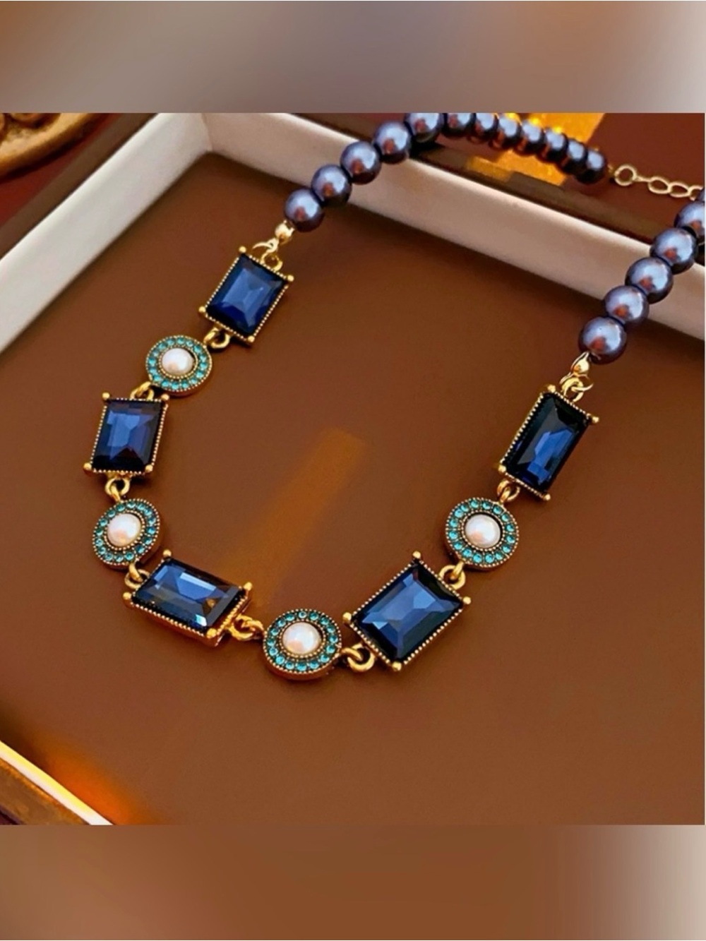 Gold-Plated Navy Blue Crystal and Pearl Necklace